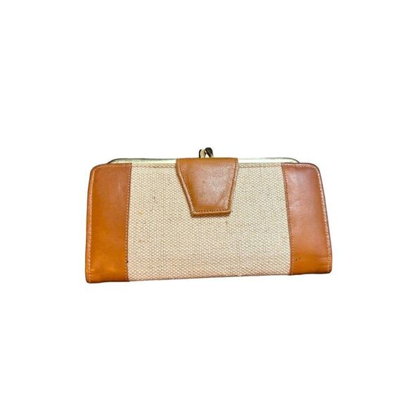 Vintage Brown Leather & Canvas  burlap Clutch Wallet With Snap Closure - Picture 9 of 12